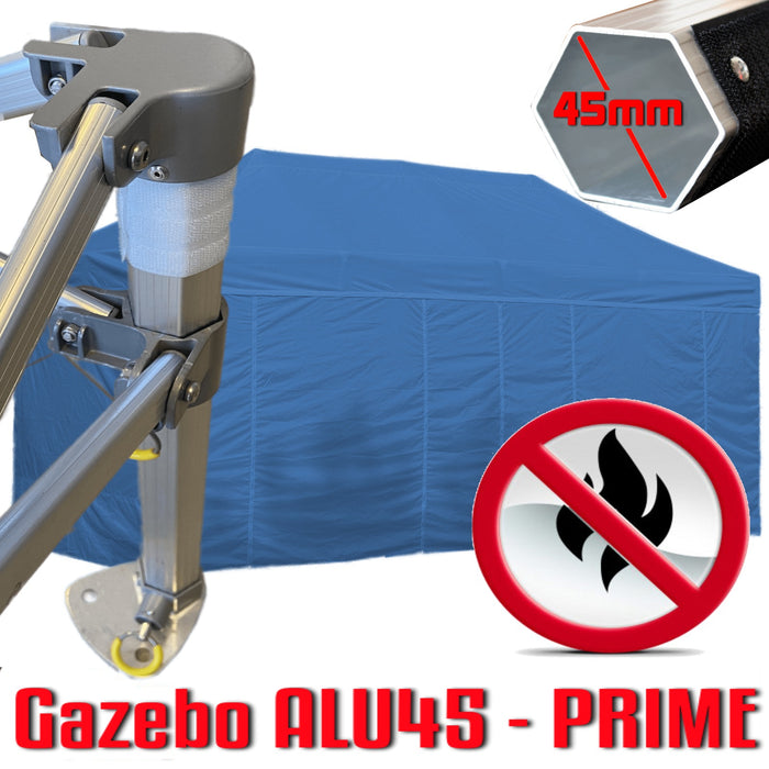 Gazebo 3x6 m blu certificato IGNIFUGO pieghevole alluminio piantone esagonale 45mm portatile estendibile richiudibile estensibile acciaio con laterali per fiere eventi stand chiosco tenda tendone mercato mercatino    