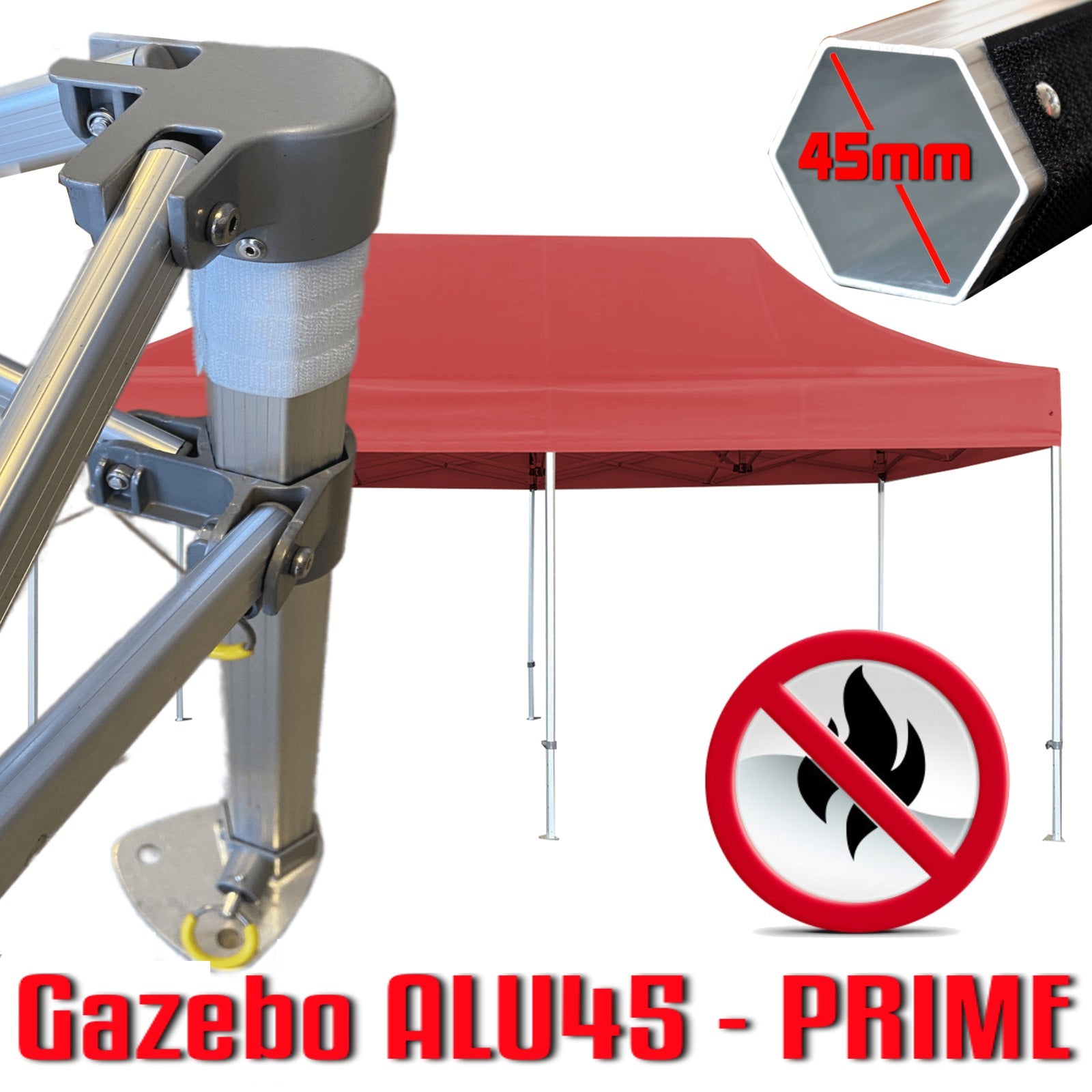 Gazebo 3x6 m rosso certificato IGNIFUGO SENZA laterali pieghevole alluminio piantone esagonale 45mm portatile estendibile richiudibile estensibile acciaio per fiere eventi stand chiosco tenda tendone mercato mercatino    