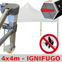 Gazebo 4x4 m bianco certificato IGNIFUGO SENZA laterali pieghevole alluminio piantone esagonale 60mm portatile estendibile richiudibile estensibile acciaio per fiere eventi stand chiosco tenda tendone mercato mercatino    