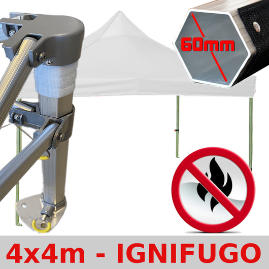 Gazebo 4x4 m bianco certificato IGNIFUGO SENZA laterali pieghevole alluminio piantone esagonale 60mm portatile estendibile richiudibile estensibile acciaio per fiere eventi stand chiosco tenda tendone mercato mercatino    