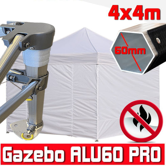 Gazebo 4x4 m bianco certificato IGNIFUGO pieghevole alluminio piantone esagonale 60mm portatile estendibile richiudibile estensibile acciaio con laterali per fiere eventi stand chiosco tenda tendone mercato mercatino    