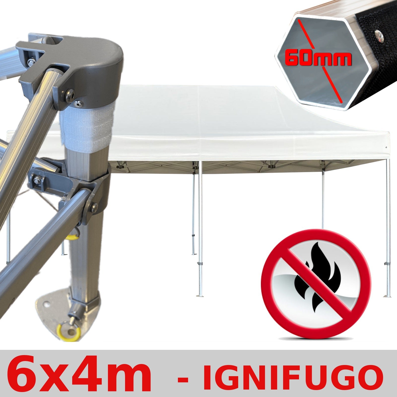 Gazebo 4x6 m bianco certificato IGNIFUGO SENZA laterali pieghevole alluminio piantone esagonale 60mm portatile estendibile richiudibile estensibile acciaio per fiere eventi stand chiosco tenda tendone mercato mercatino    