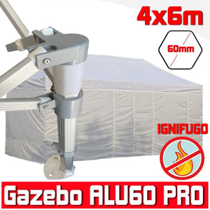 Gazebo 4x6 m bianco certificato IGNIFUGO pieghevole alluminio piantone esagonale 60mm portatile estendibile richiudibile estensibile acciaio con laterali per fiere eventi stand chiosco tenda tendone mercato mercatino    