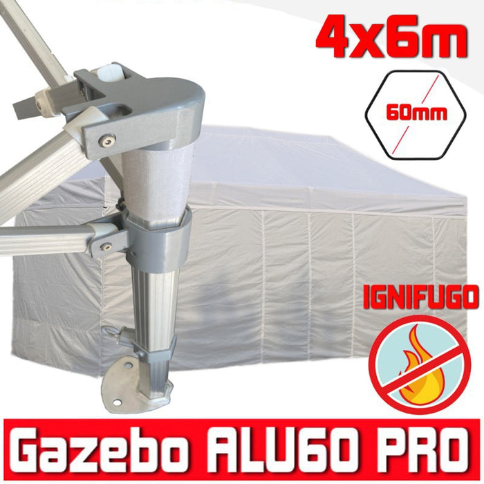 Gazebo 4x6 m bianco certificato IGNIFUGO pieghevole alluminio piantone esagonale 60mm portatile estendibile richiudibile estensibile acciaio con laterali per fiere eventi stand chiosco tenda tendone mercato mercatino    