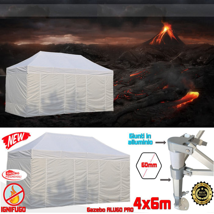Gazebo 4x6 m bianco certificato IGNIFUGO pieghevole alluminio piantone esagonale 60mm portatile estendibile richiudibile estensibile acciaio con laterali per fiere eventi stand chiosco tenda tendone mercato mercatino    