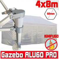 Gazebo 4x8 m bianco certificato IGNIFUGO pieghevole alluminio piantone esagonale 60mm portatile estendibile richiudibile estensibile acciaio con laterali per fiere eventi stand chiosco tenda tendone mercato mercatino    