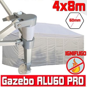 Gazebo 4x8 m bianco certificato IGNIFUGO pieghevole alluminio piantone esagonale 60mm portatile estendibile richiudibile estensibile acciaio con laterali per fiere eventi stand chiosco tenda tendone mercato mercatino    