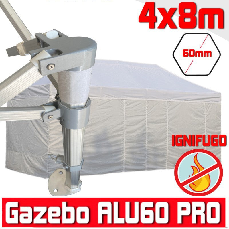 Gazebo 4x8 m bianco certificato IGNIFUGO pieghevole alluminio piantone esagonale 60mm portatile estendibile richiudibile estensibile acciaio con laterali per fiere eventi stand chiosco tenda tendone mercato mercatino    