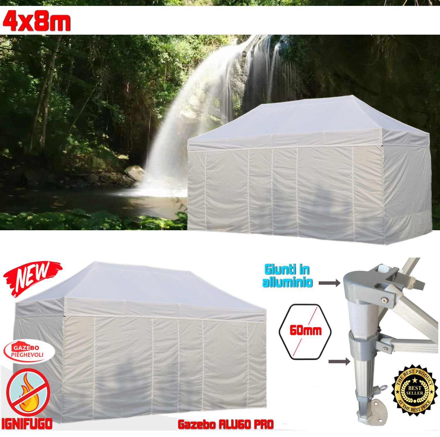 Gazebo 4x8 m bianco certificato IGNIFUGO pieghevole alluminio piantone esagonale 60mm portatile estendibile richiudibile estensibile acciaio con laterali per fiere eventi stand chiosco tenda tendone mercato mercatino    