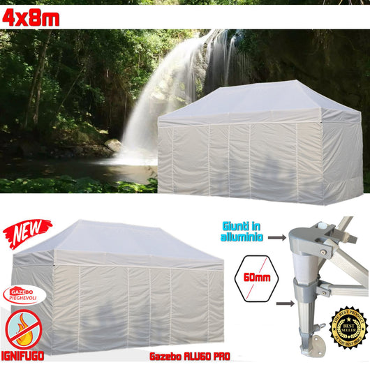Gazebo 4x8 m bianco certificato IGNIFUGO SENZA laterali pieghevole alluminio piantone esagonale 60mm portatile estendibile richiudibile estensibile acciaio per fiere eventi stand chiosco tenda tendone mercato mercatino    