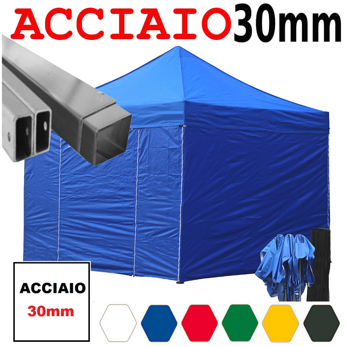 Gazebo 3x3 m blu pieghevole portatile estendibile richiudibile estensibile acciaio con laterali per fiere eventi stand chiosco tenda tendone mercato mercatino  