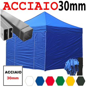 Gazebo 3x3 m blu pieghevole portatile estendibile richiudibile estensibile acciaio con laterali per fiere eventi stand chiosco tenda tendone mercato mercatino  