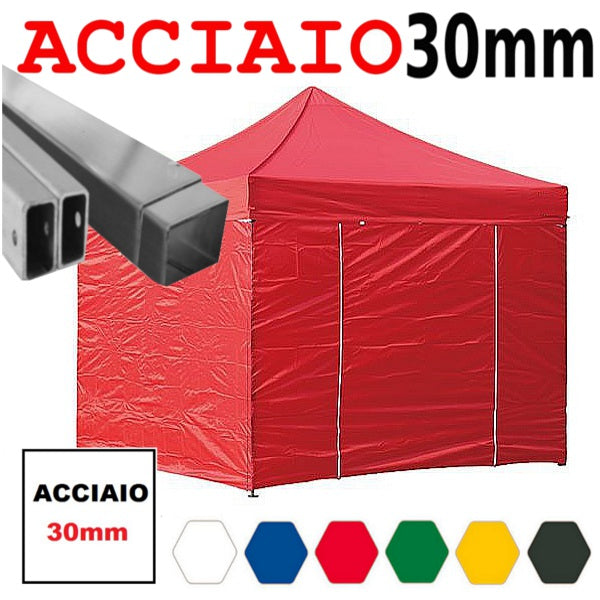 Gazebo 3x3 m rosso pieghevole portatile estendibile richiudibile estensibile acciaio con laterali per fiere eventi stand chiosco tenda tendone mercato mercatino  