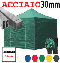 Gazebo 3x3 m verde pieghevole portatile estendibile richiudibile estensibile acciaio con laterali per fiere eventi stand chiosco tenda tendone mercato mercatino  