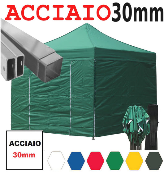 Gazebo 3x3 m verde pieghevole portatile estendibile richiudibile estensibile acciaio con laterali per fiere eventi stand chiosco tenda tendone mercato mercatino  
