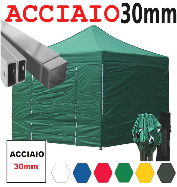 Gazebo 3x3 m verde pieghevole portatile estendibile richiudibile estensibile acciaio con laterali per fiere eventi stand chiosco tenda tendone mercato mercatino  