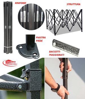 Gazebo 3x4,5 m nero pieghevole portatile estendibile richiudibile estensibile acciaio con laterali per fiere eventi stand chiosco tenda tendone mercato mercatino  