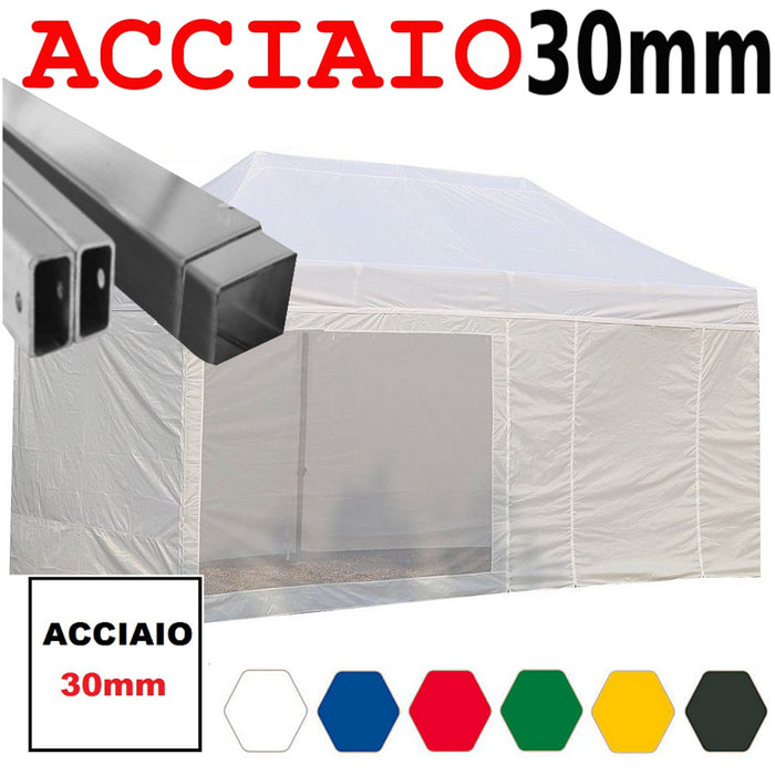 Gazebo 3x6 m bianco pieghevole portatile estendibile richiudibile estensibile acciaio con laterali per fiere eventi stand chiosco tenda tendone mercato mercatino  