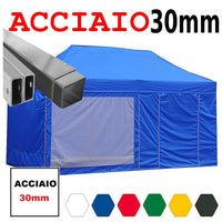 Gazebo 3x6 m blu pieghevole portatile estendibile richiudibile estensibile acciaio con laterali per fiere eventi stand chiosco tenda tendone mercato mercatino  