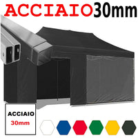 Gazebo 3x6 m nero pieghevole portatile estendibile richiudibile estensibile acciaio con laterali per fiere eventi stand chiosco tenda tendone mercato mercatino  