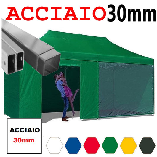 Gazebo 3x6 m verde pieghevole portatile estendibile richiudibile estensibile acciaio con laterali per fiere eventi stand chiosco tenda tendone mercato mercatino  