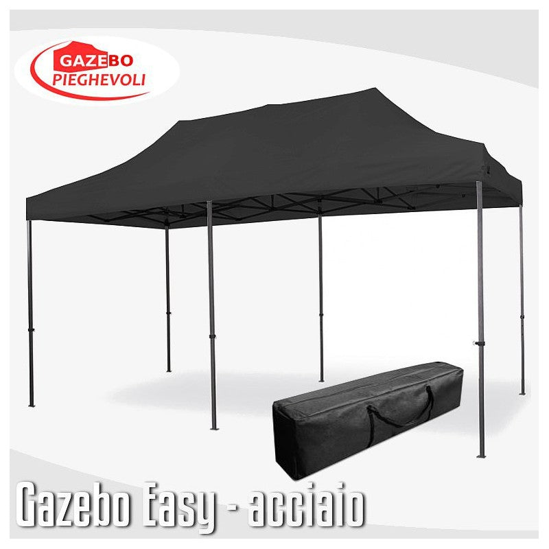 Gazebo 3x6 m nero pieghevole portatile estendibile richiudibile estensibile acciaio SENZA laterali per fiere eventi stand chiosco tenda tendone mercato mercatino  