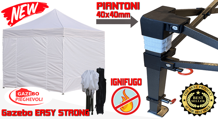 Gazebo 2x2m bianco certificato IGNIFUGO pieghevole portatile estendibile richiudibile estensibile acciaio con laterali per fiere eventi stand chiosco tenda tendone mercato mercatino  
