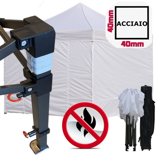 Gazebo 3x3m bianco certificato IGNIFUGO pieghevole portatile estendibile richiudibile estensibile acciaio con laterali per fiere eventi stand chiosco tenda tendone mercato mercatino  