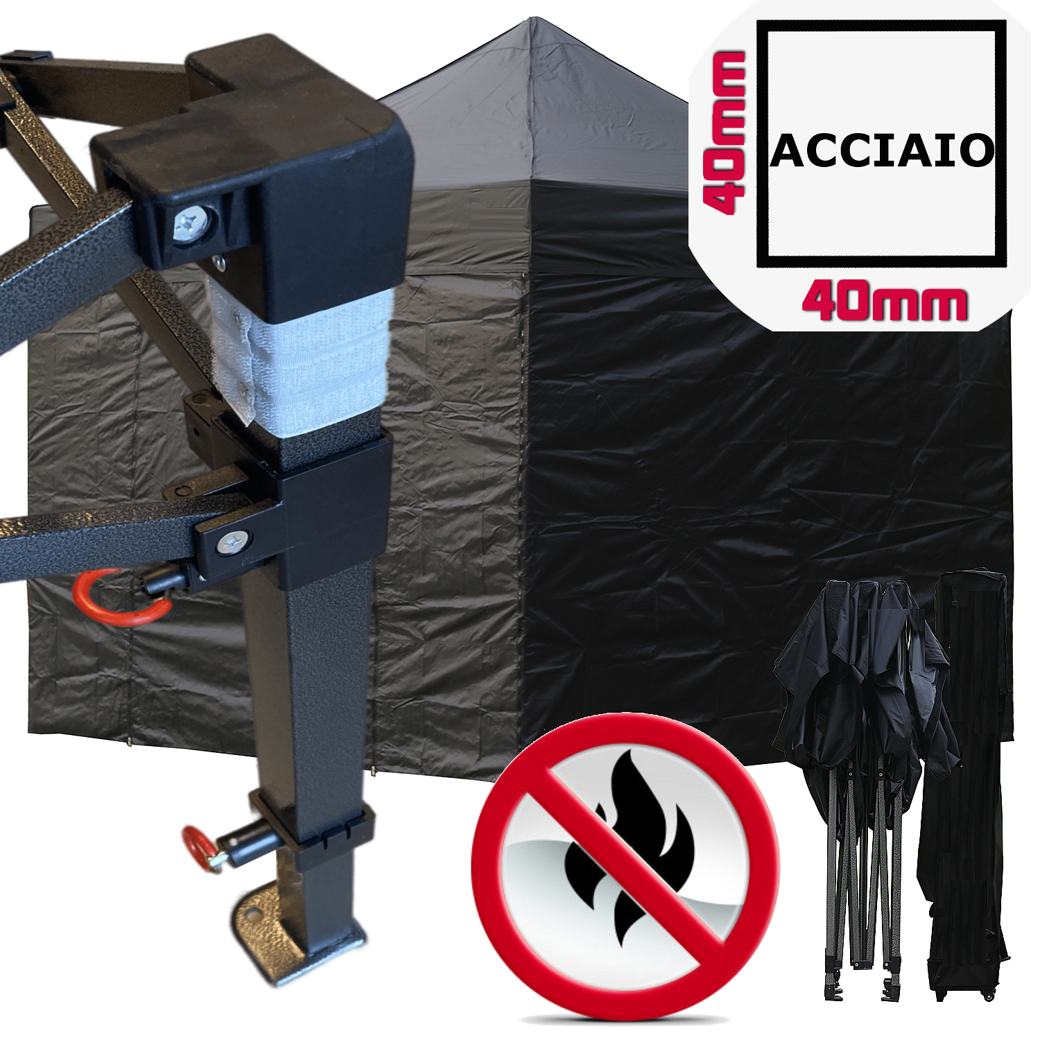 Gazebo 3x3m nero certificato IGNIFUGO pieghevole portatile estendibile richiudibile estensibile acciaio con laterali per fiere eventi stand chiosco tenda tendone mercato mercatino  