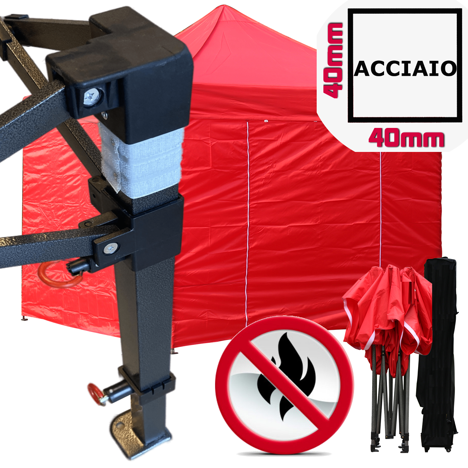 Gazebo 3x3m rosso certificato IGNIFUGO pieghevole portatile estendibile richiudibile estensibile acciaio con laterali per fiere eventi stand chiosco tenda tendone mercato mercatino  
