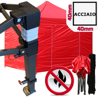 Gazebo 3x3m rosso certificato IGNIFUGO pieghevole portatile estendibile richiudibile estensibile acciaio con laterali per fiere eventi stand chiosco tenda tendone mercato mercatino  