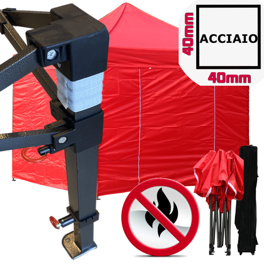 Gazebo 3x3m rosso certificato IGNIFUGO pieghevole portatile estendibile richiudibile estensibile acciaio con laterali per fiere eventi stand chiosco tenda tendone mercato mercatino  