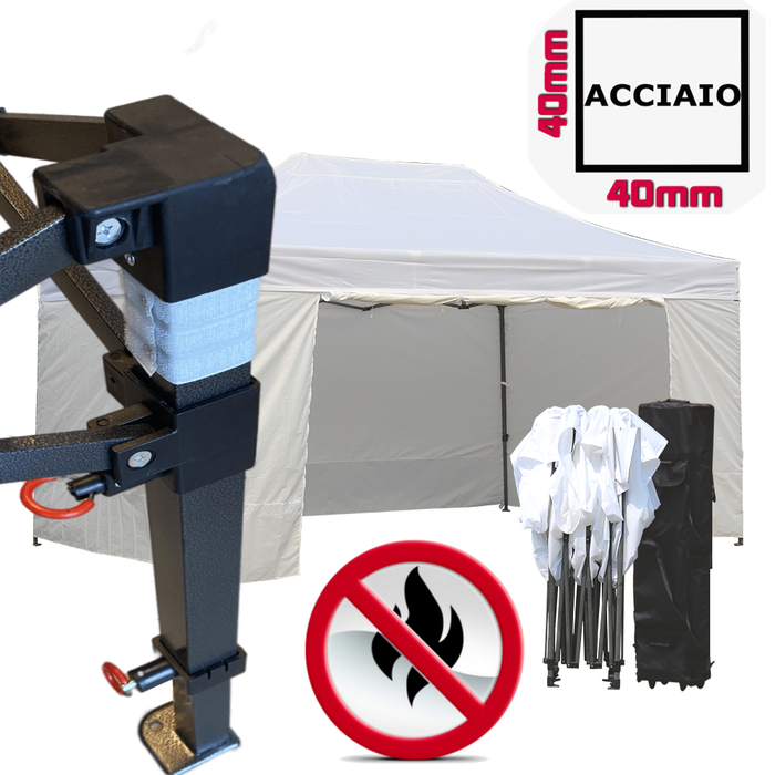 Gazebo 3x4,5m bianco certificato IGNIFUGO pieghevole portatile estendibile richiudibile estensibile acciaio con laterali per fiere eventi stand chiosco tenda tendone mercato mercatino  