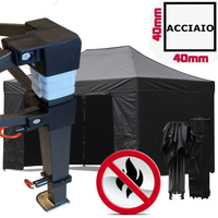 Gazebo 3x4,5m nero certificato IGNIFUGO pieghevole portatile estendibile richiudibile estensibile acciaio con laterali per fiere eventi stand chiosco tenda tendone mercato mercatino  