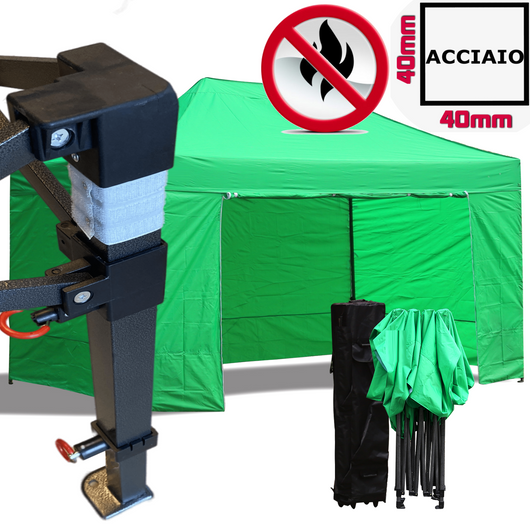 Gazebo 3x4,5m verde certificato IGNIFUGO pieghevole portatile estendibile richiudibile estensibile acciaio con laterali per fiere eventi stand chiosco tenda tendone mercato mercatino  