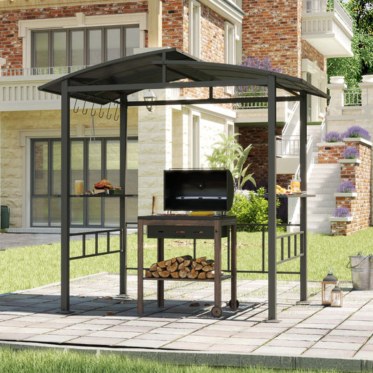 Gazebo barbecue con tetto in policarbonato ventilato mensole laterali ganci-Gazebo barbecue struttura in metallo Nero