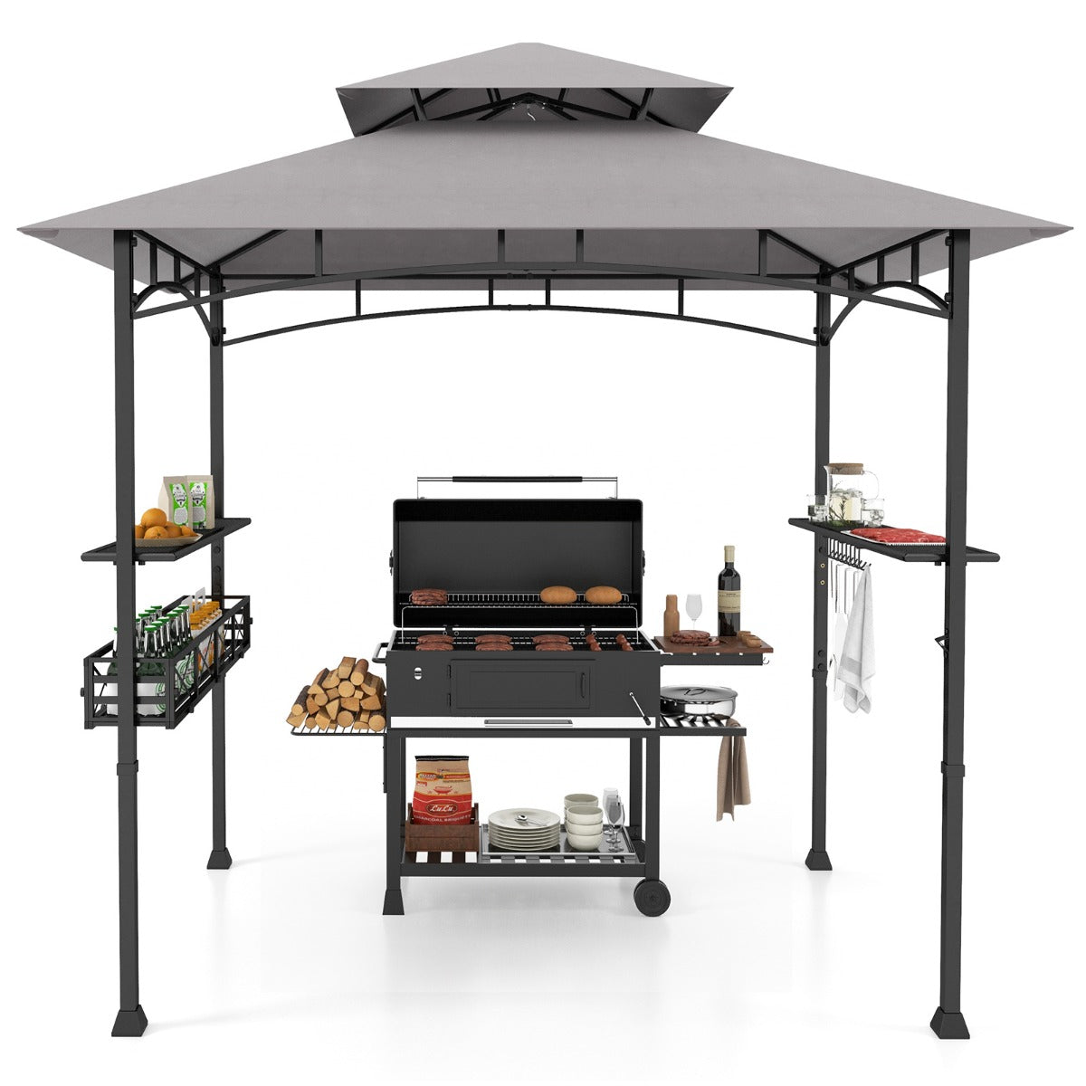 Gazebo barbecue con 2 ripiani laterali cestino ganci appendiutensili-Tendone da esterno per barbecue 242x153cm Grigio
