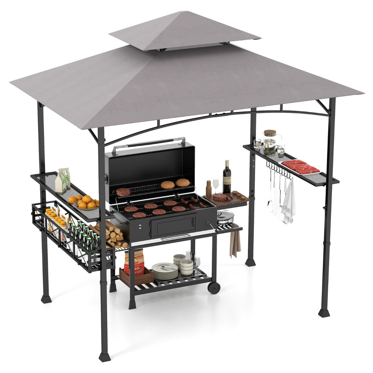 Gazebo barbecue con 2 ripiani laterali cestino ganci appendiutensili-Tendone da esterno per barbecue 242x153cm Grigio