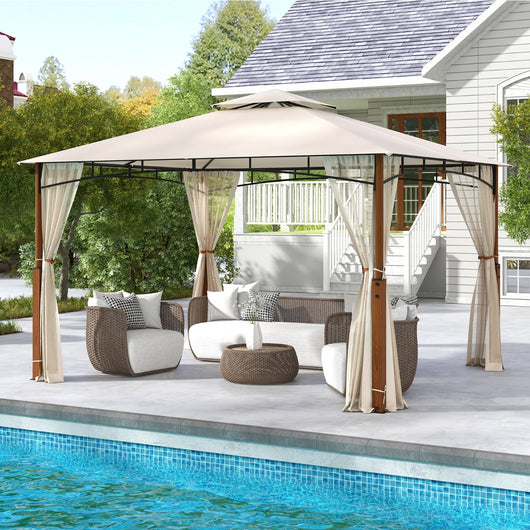 Gazebo da esterno 3,6x3m con reti tetto a doppio strato telaio metallico, Rifugio solare impermeabile per patio Beige-Gazebo