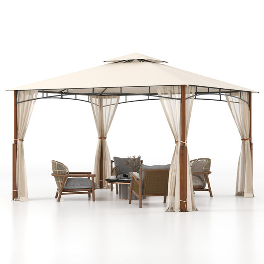 Gazebo da esterno 3,6x3m con reti tetto a doppio strato telaio metallico, Rifugio solare impermeabile per patio Beige-Gazebo