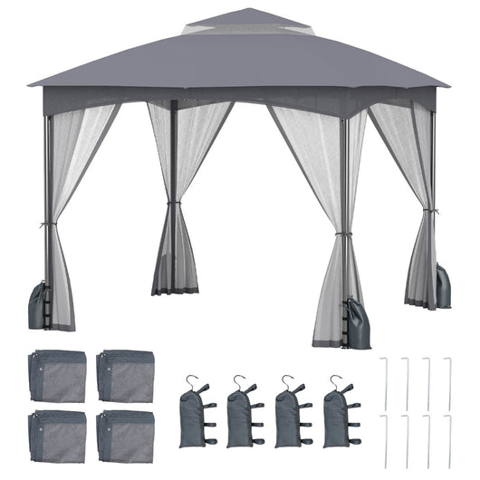 Tetto morbido a doppio strato con 4 sacchi di sabbia con cerniera, Gazebo da patio 3x3 M con pareti in rete Grigio-Gazebo