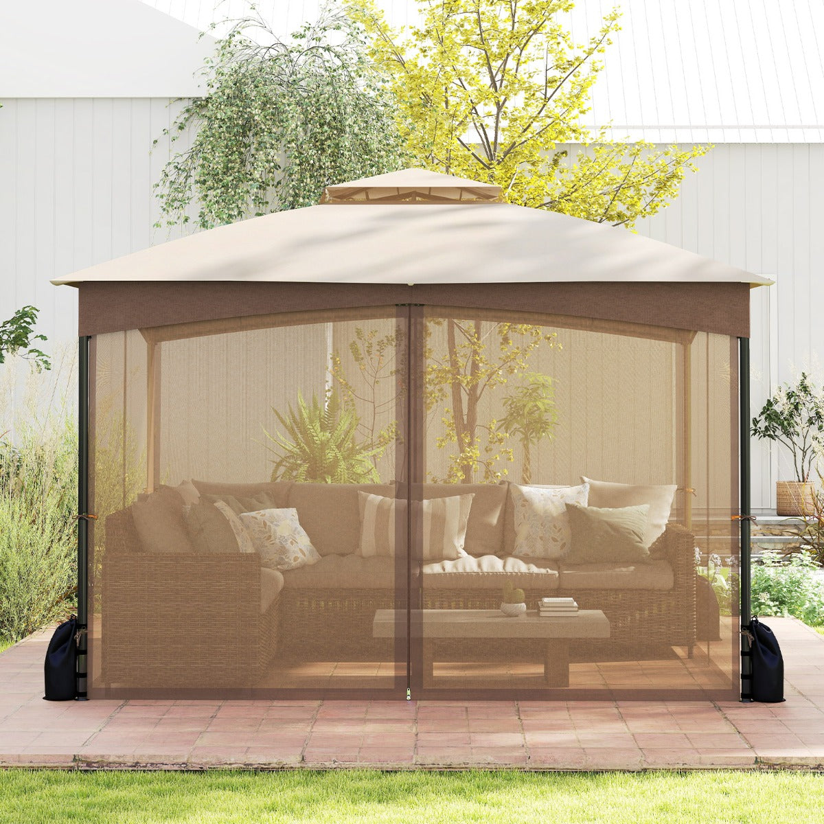 Gazebo da patio tetto morbido a doppia copertura con 4 sacchetti di sabbia, Gazebo da patio 3 x 3,6 m per prato giardino all'aperto Sabbia-Gazebo