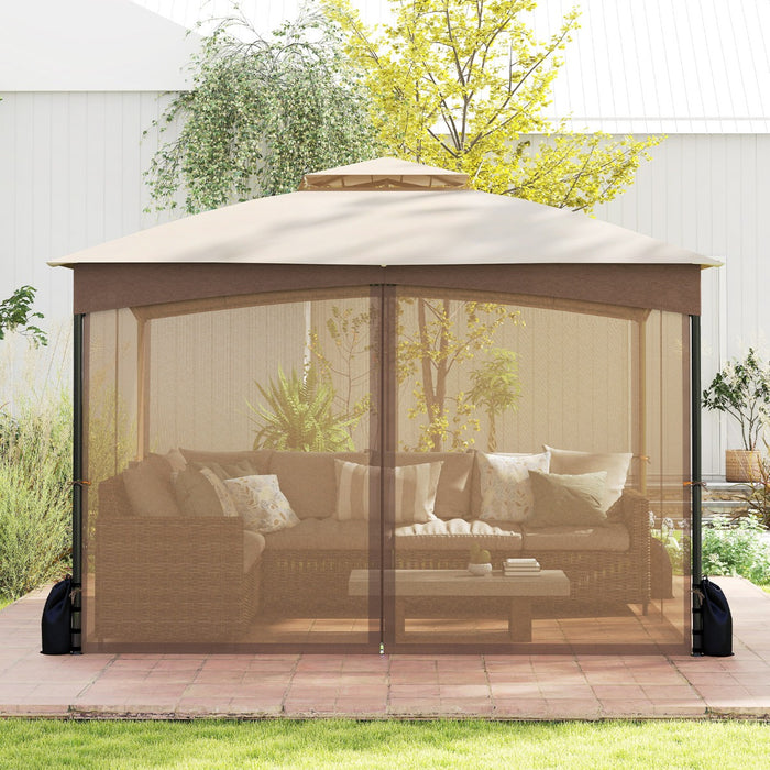 Gazebo da patio tetto morbido a doppia copertura con 4 sacchetti di sabbia, Gazebo da patio 3 x 3,6 m per prato giardino all'aperto Sabbia-Gazebo
