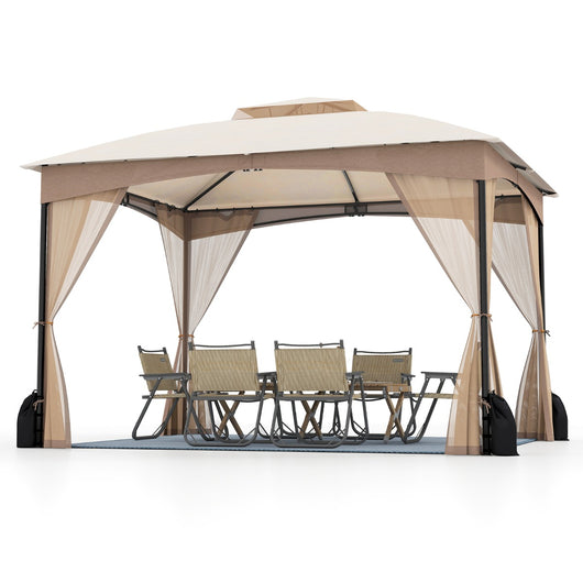Gazebo da patio tetto morbido a doppia copertura con 4 sacchetti di sabbia, Gazebo da patio 3 x 3,6 m per prato giardino all'aperto Sabbia-Gazebo