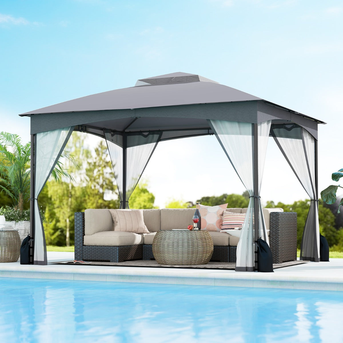 Gazebo da patio tetto morbido a doppia copertura con 4 sacchetti di sabbia, Gazebo da patio 3 x 3,6 m per prato giardino all'aperto Grigio-Gazebo