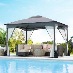 Gazebo da patio tetto morbido a doppia copertura con 4 sacchetti di sabbia, Gazebo da patio 3 x 3,6 m per prato giardino all'aperto Grigio-Gazebo