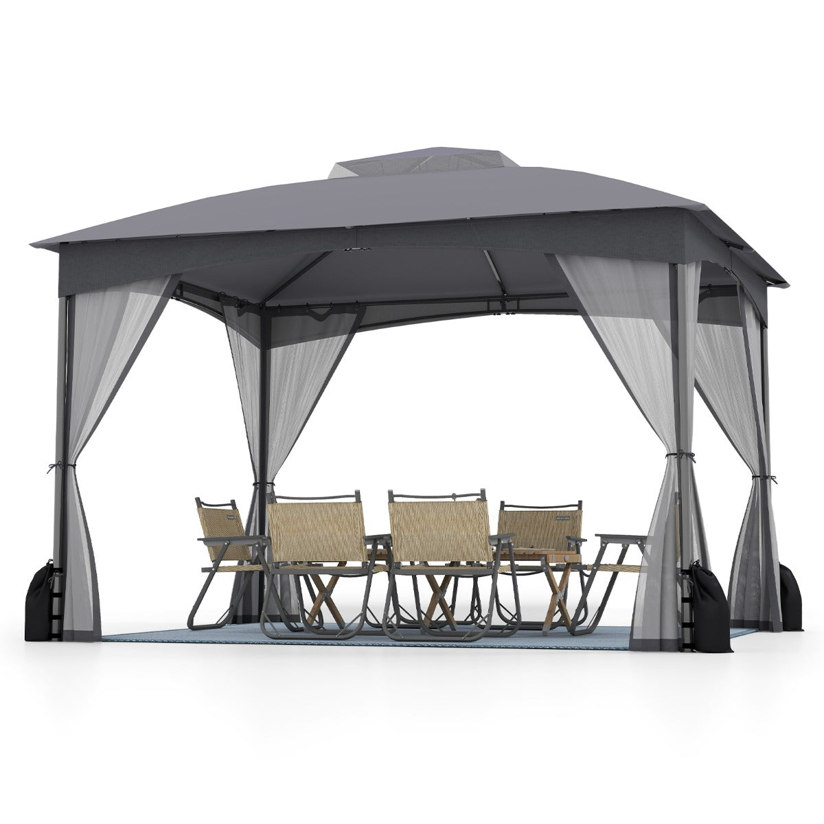Gazebo da patio tetto morbido a doppia copertura con 4 sacchetti di sabbia, Gazebo da patio 3 x 3,6 m per prato giardino all'aperto Grigio-Gazebo