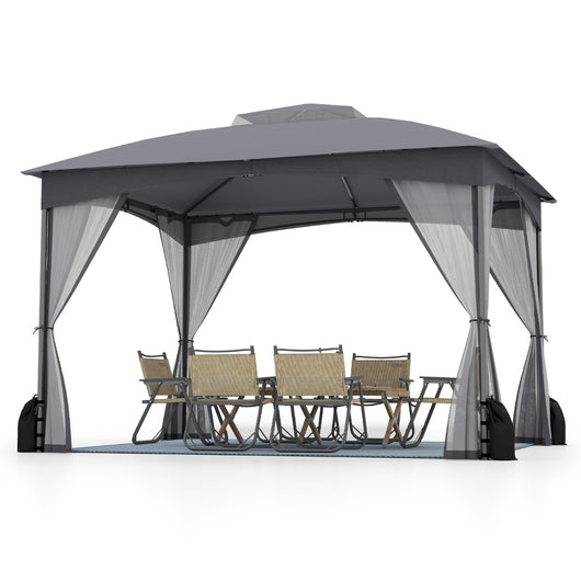 Gazebo da patio tetto morbido a doppia copertura con 4 sacchetti di sabbia, Gazebo da patio 3 x 3,6 m per prato giardino all'aperto Grigio-Gazebo
