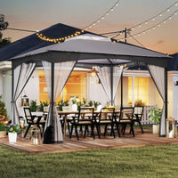 Gazebo da patio tetto morbido a doppia copertura con 4 sacchetti di sabbia, Gazebo da patio 3 x 3,6 m per prato giardino all'aperto Grigio-Gazebo