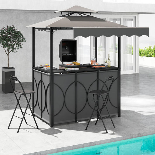 Set da giardino BBQ all'aperto 3 pezzi con tavolo bar e 2 sgabelli bar pieghevoli, Gazebo per grill con tettoia piscina Grigio-Accessori per barbecue